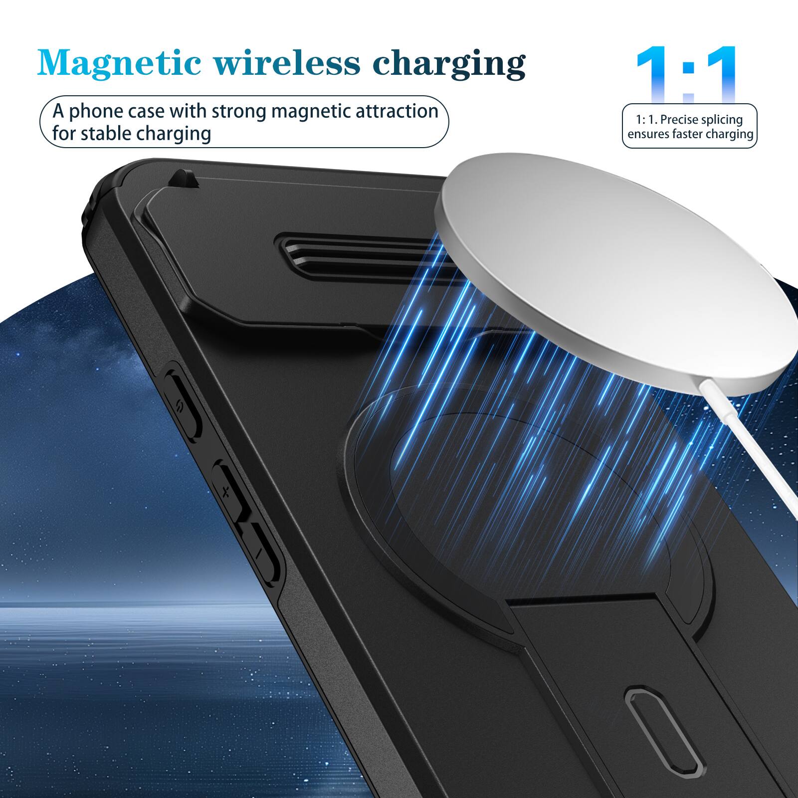 Magnetic wireless charging

A phone case with strong magnetic attraction for stable charging

1:1

1:1. Precise splicing ensures faster charging