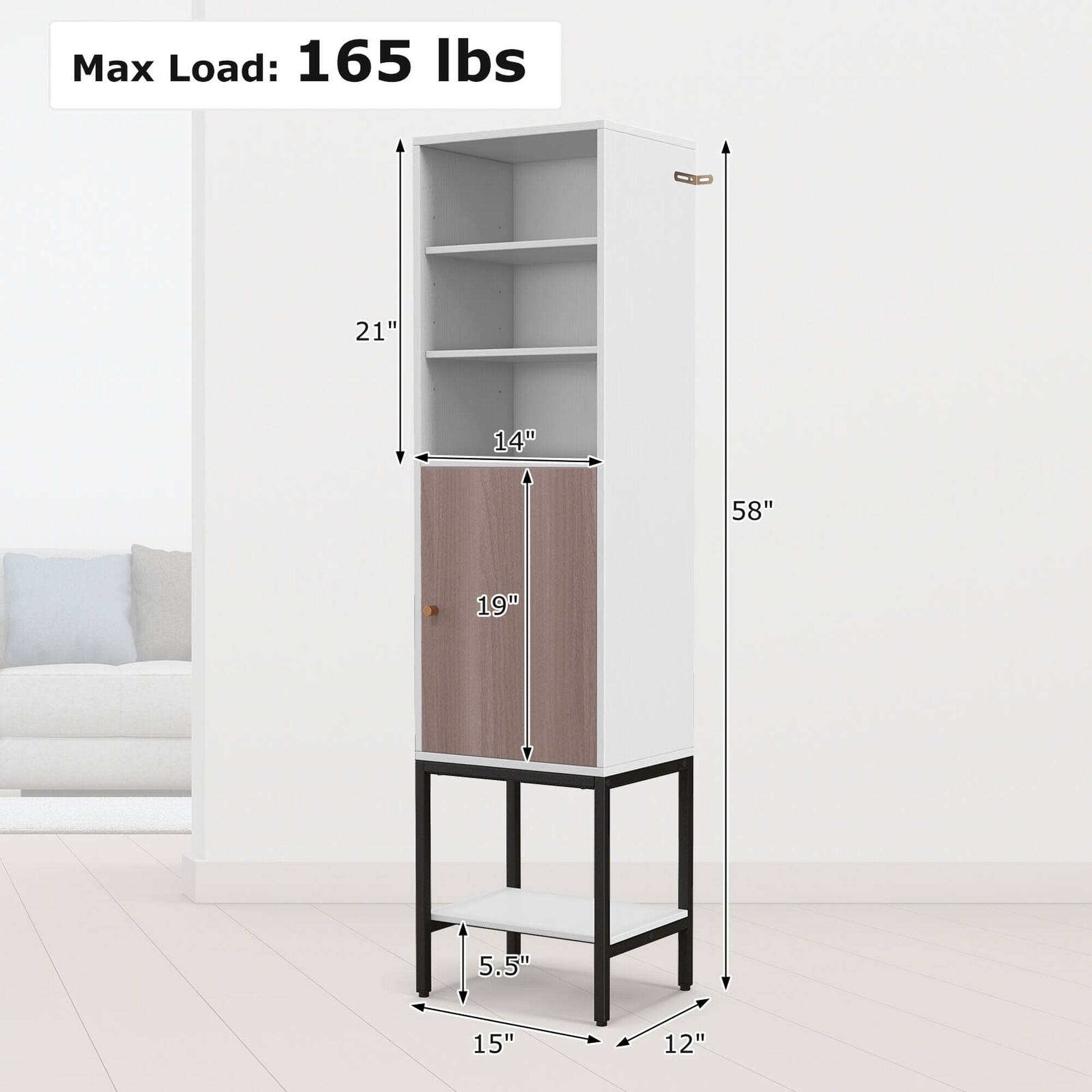 Max Load: 165 lbs

Height: 58"
Width: 14"
Depth: 21"
Shelf Height: 19"
Seat Height: 5.5"
Footprint: 15" x 12"