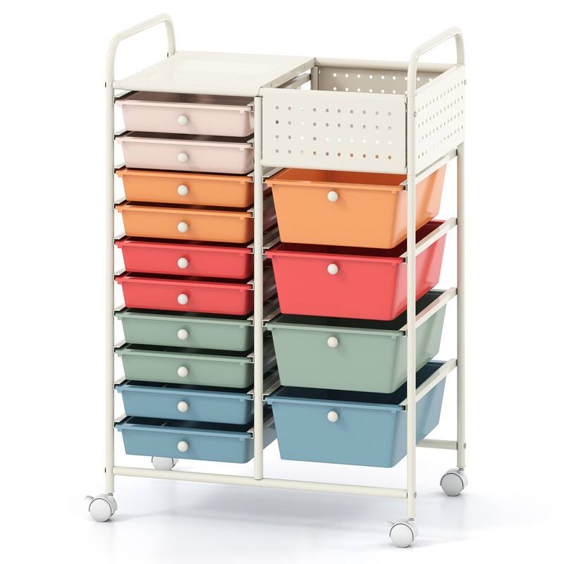 Alt View 4. WELLFOR - 14-Drawer Rolling Storage Cart with Metal Tabletop and Pegboard, Scrapbook Paper Office School Organizer - Macaron.
