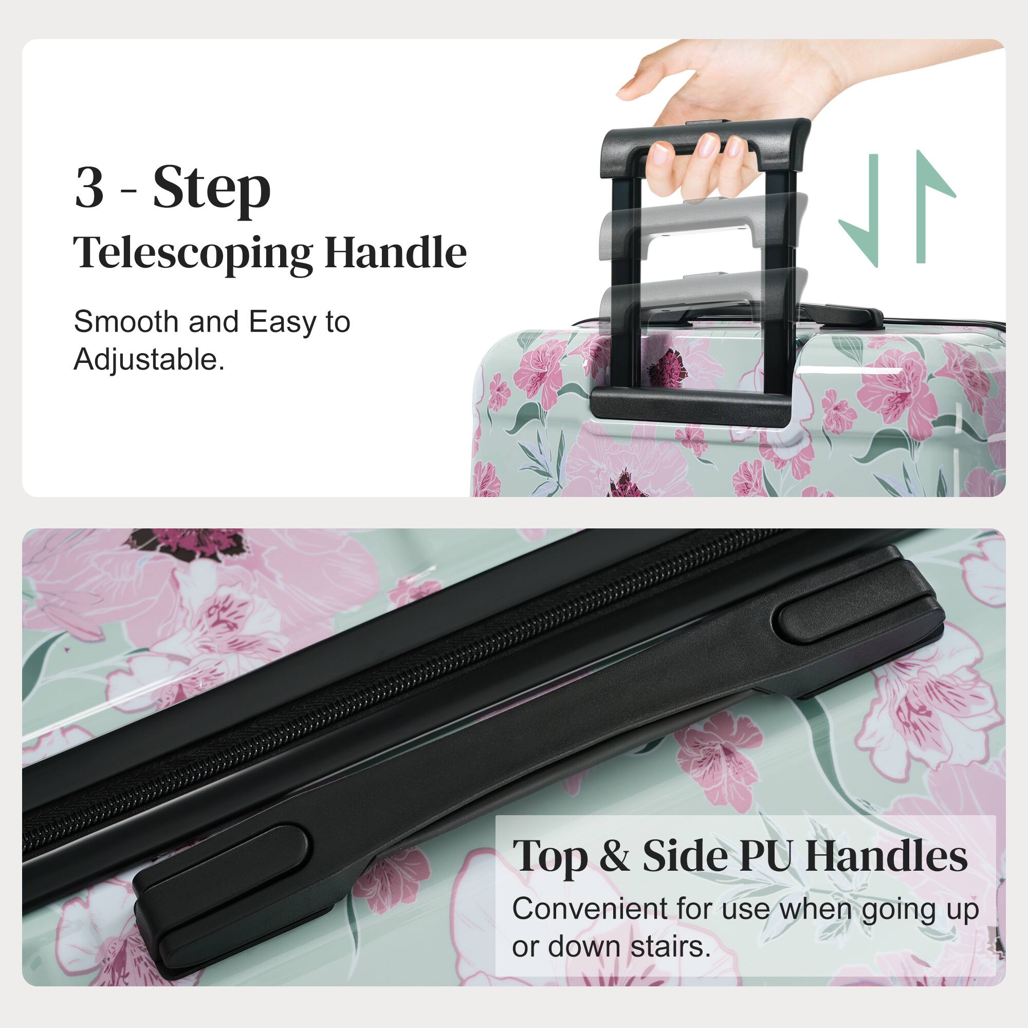 3 - Step Telescoping Handle  
Smooth and Easy to Adjustable.  

1 Top & Side PU Handles  
Convenient for use when going up or down stairs.