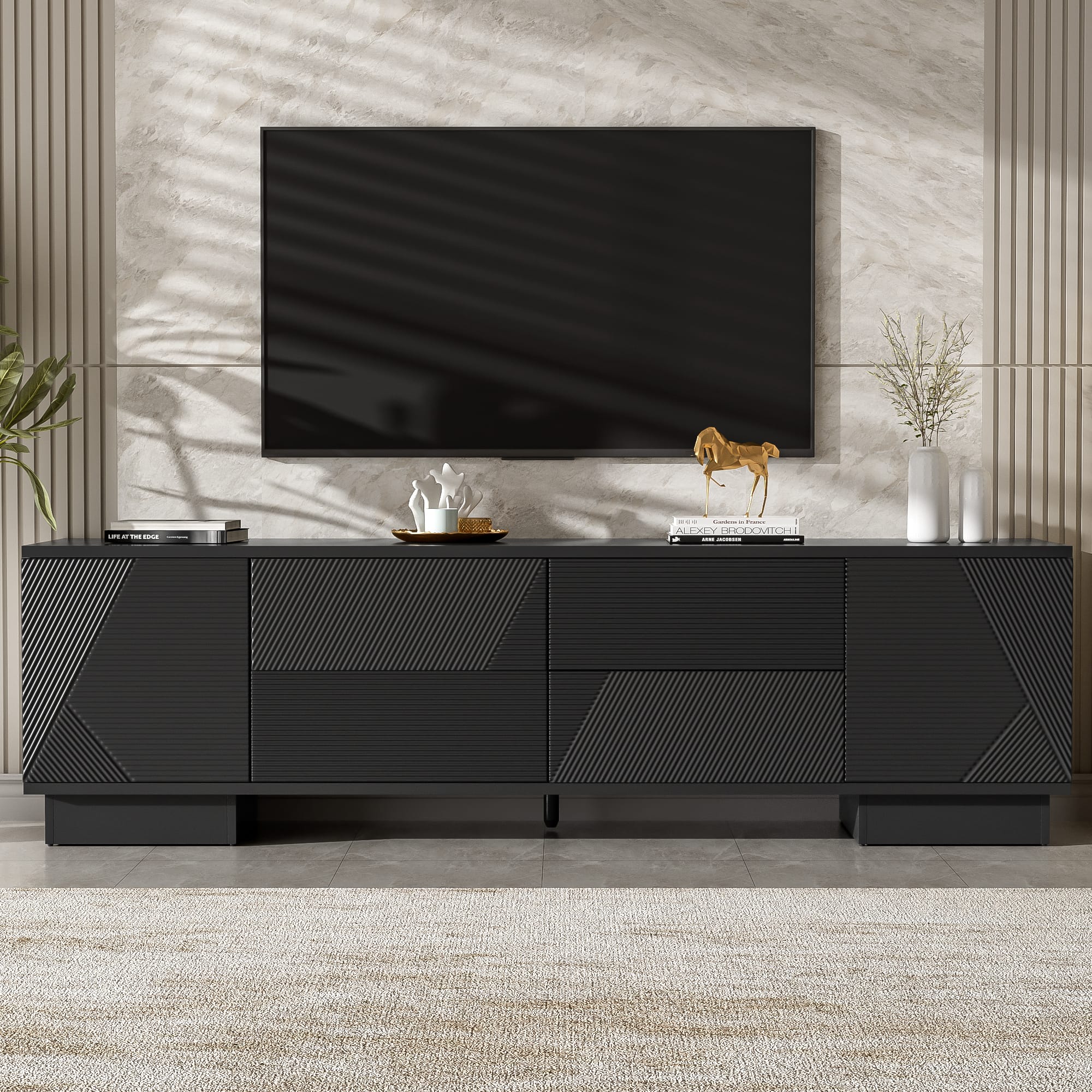 TinyHomie - 70.8in Modern TV Stand for TVs up to 75 Inches Entertainment Center with Storage Cabinets 4 Drawers and a Metal Leg - Black