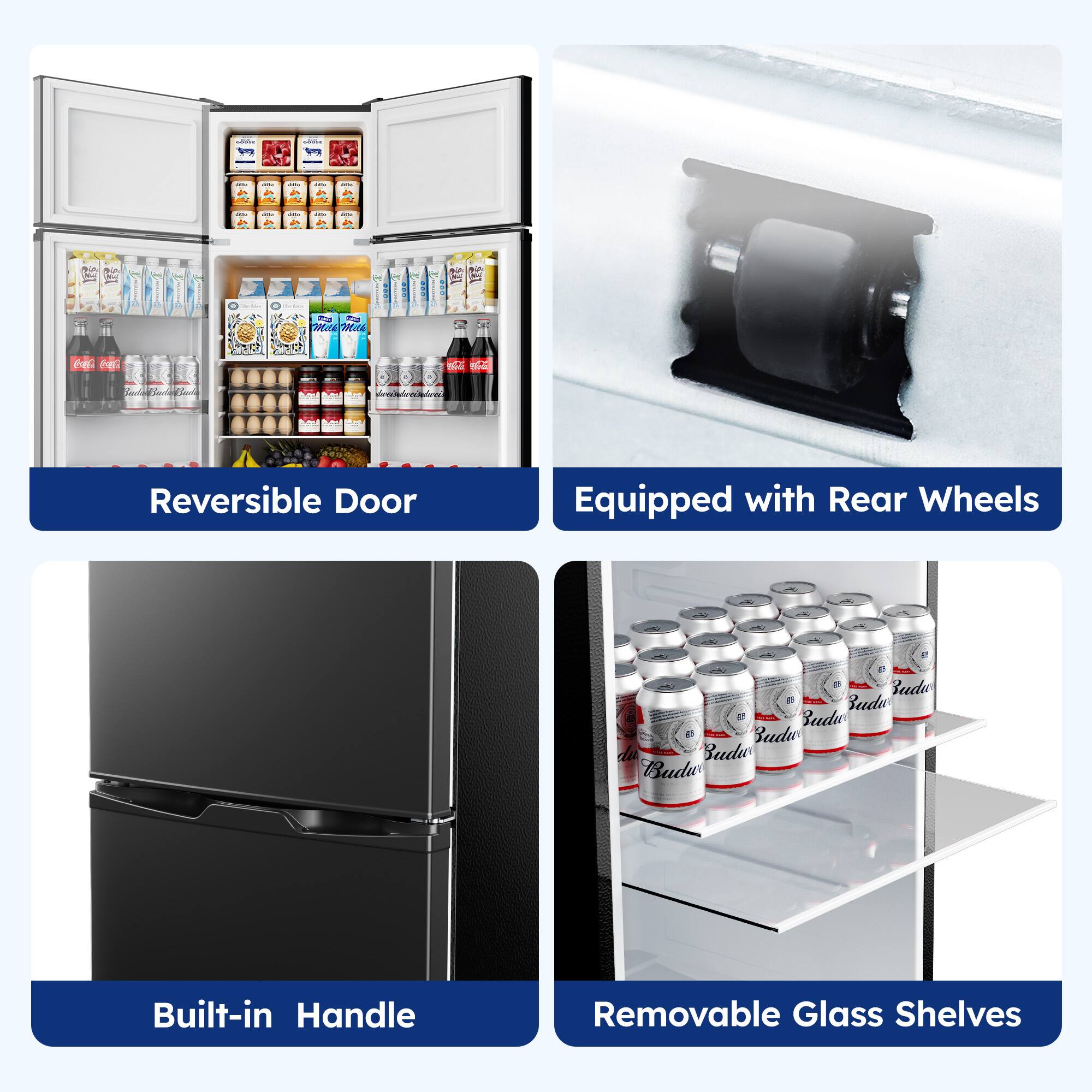 - Reversible Door
- Equipped with Rear Wheels
- Built-in Handle
- Removable Glass Shelves