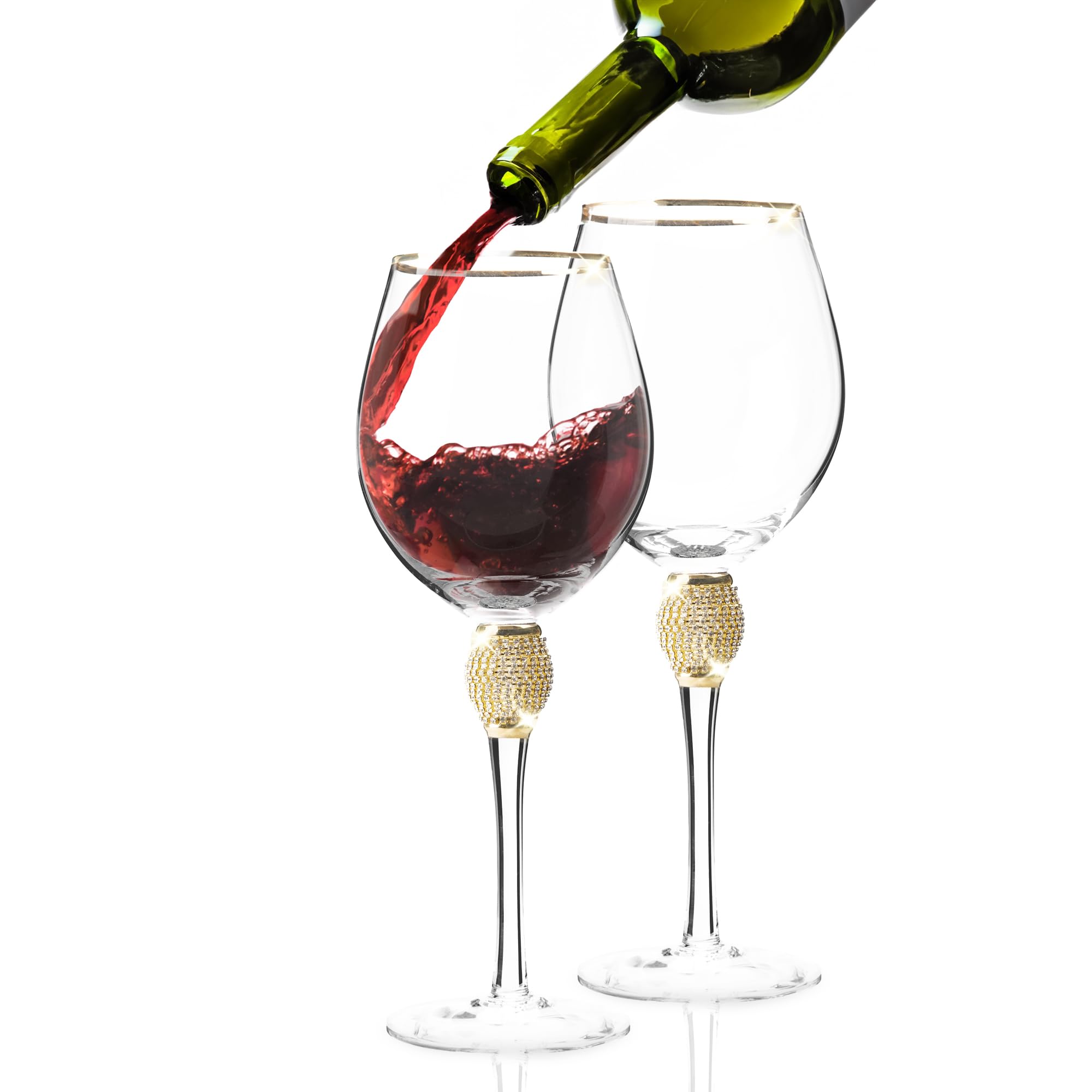 Front. Berkware - Premium Wine Glasses Set of 2 - Crystal Long Stem Wine Glass with Gold Rim & Rhinestone Design - 18 oz - Gold.