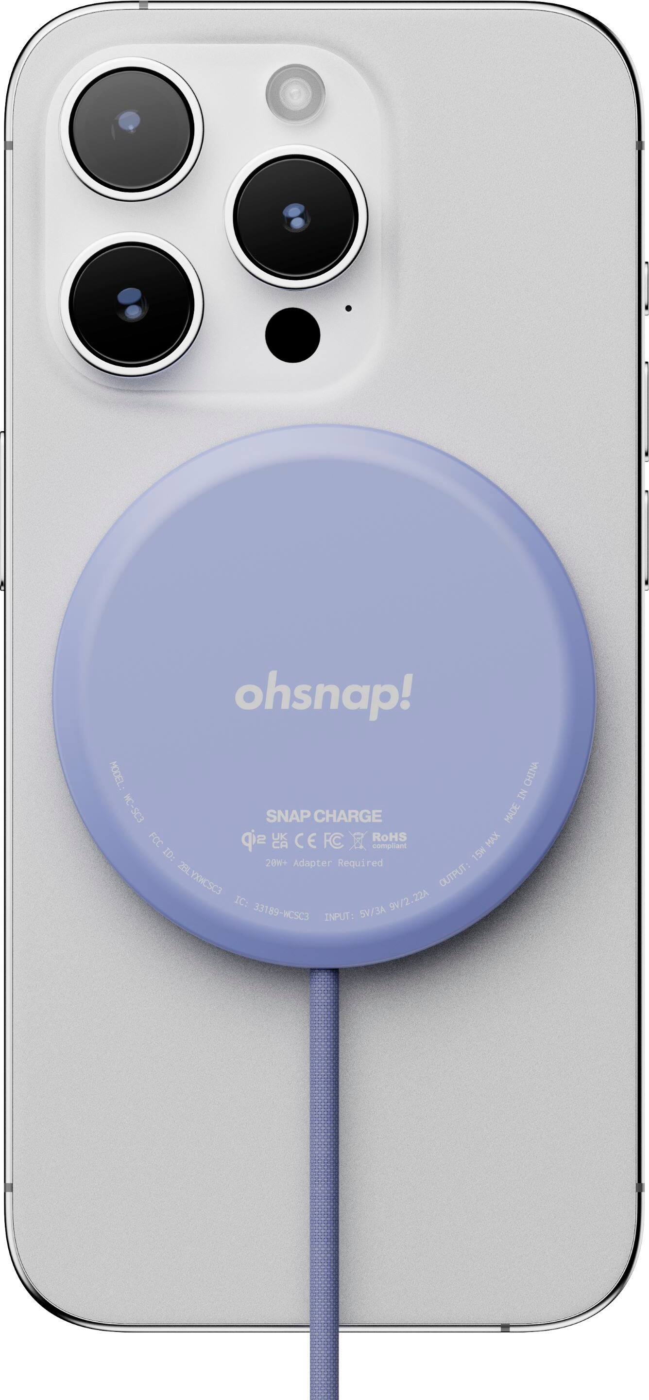 The text on the image reads: "ohsnap! HODEL: VNTHO IN HC-SC3 SNAP CHARGE MADE FCC sip 2  CE FC RoHS MAX compliant ID: 15K 20+ Adapter Required 28LYXXCSC3 OUTPUT: IC: 33189-WCSC3 5V/3A 9V/2.22A INPUT:".