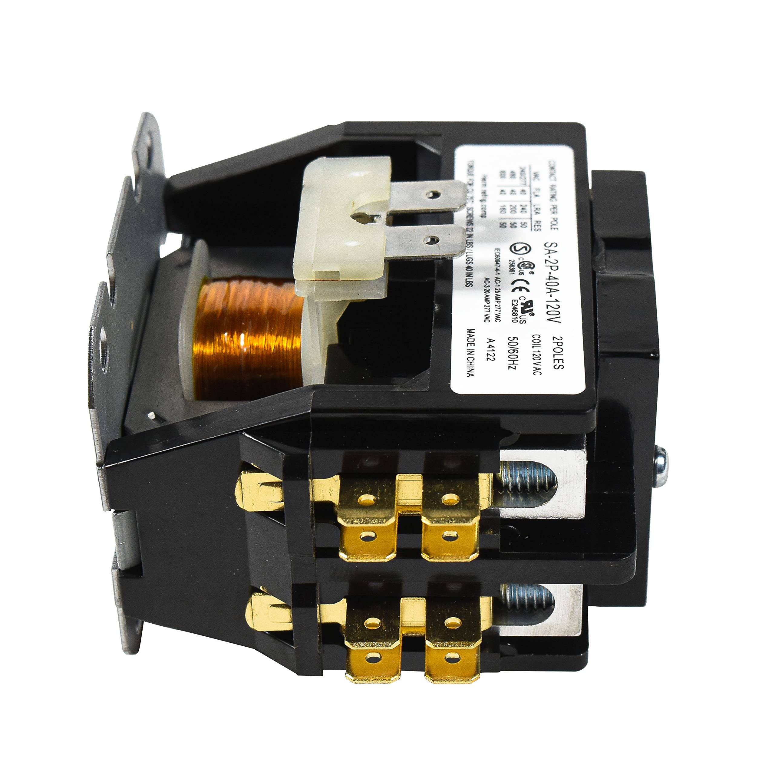 5 MADE IN CHINA  
A OTK R I  
if K .RA the E I x RES POLE  
n 2  
SA-2P  
E246810  
SA-2P-40A-120V  
40A-120V COIL  
A4122  
50/60Hz  
2POLES  
20VAC  

SA-2P-40-120V  
2POLES  
MADE IN CHINA  
A4122  
50/60Hz  
20VAC  
MODEL: SA-2P-40-120V  
COIL: 20VAC  
200/012Z
