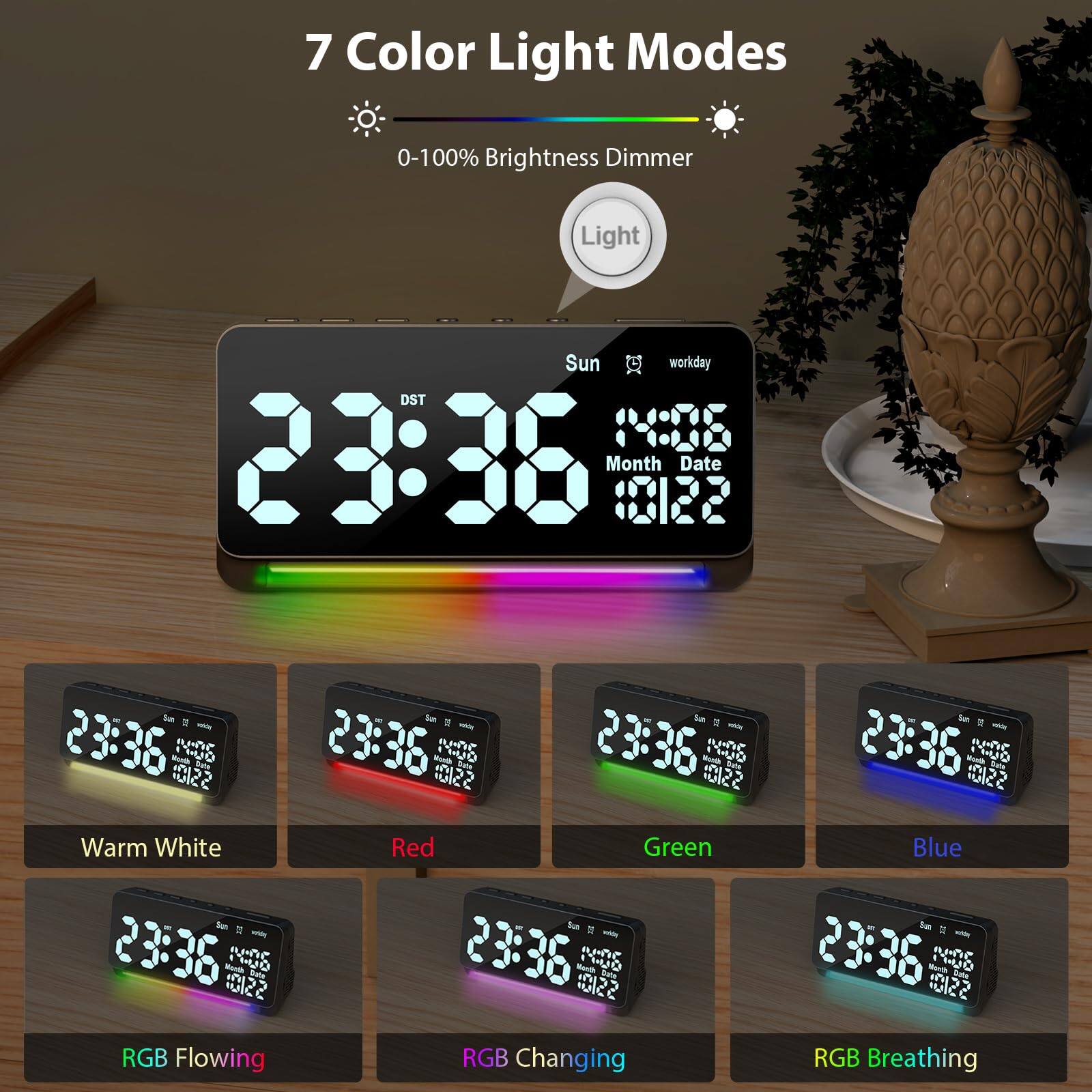 Dazzed Corner Alarm Clocks for Heavy Sleepers adults , 7 Color Night ...