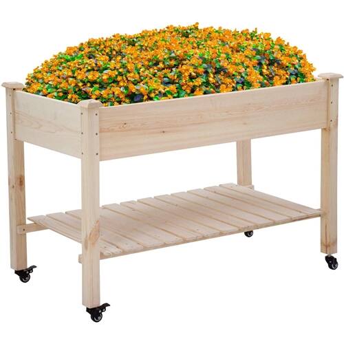 Front. SlickBlue - Outdoor Raised Garden Bed Planter Box, 2ft Fir Wood with Locking Wheels - Brown.