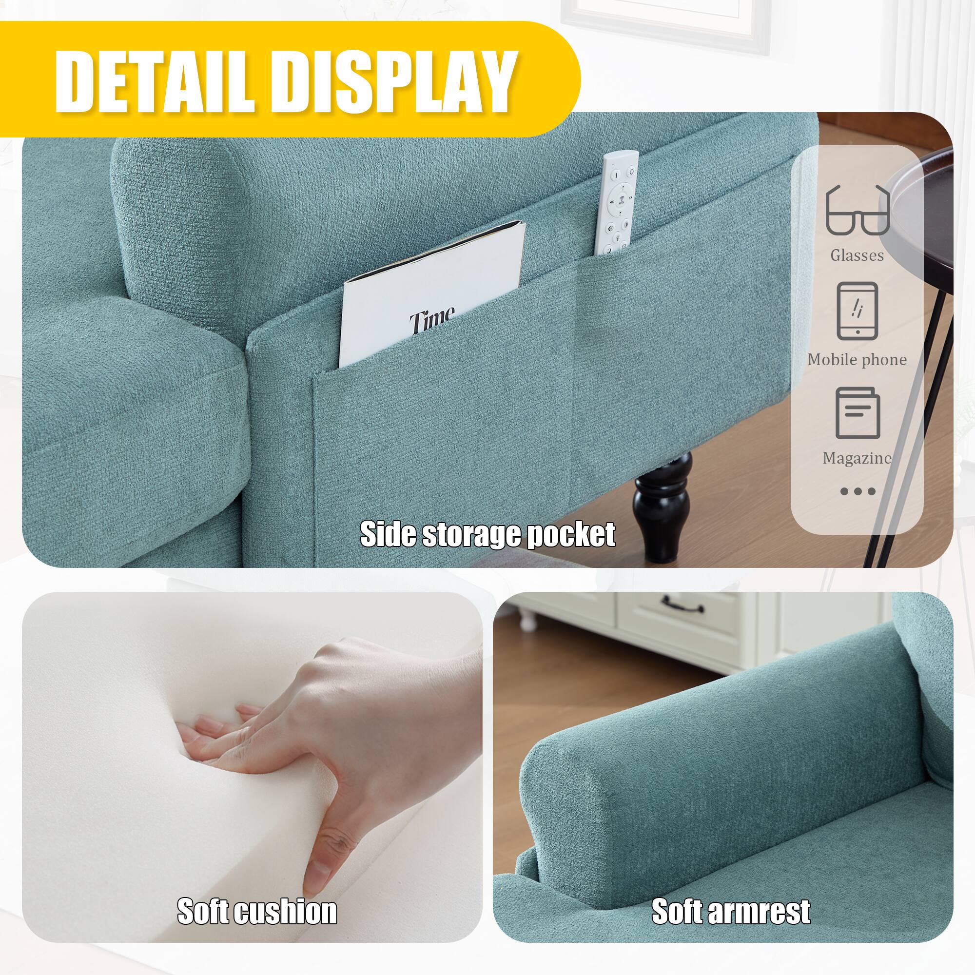 DETAIL DISPLAY

- Side storage pocket
- Soft cushion
- Soft armrest

Icons:
- Glasses
- Mobile phone
- Magazine