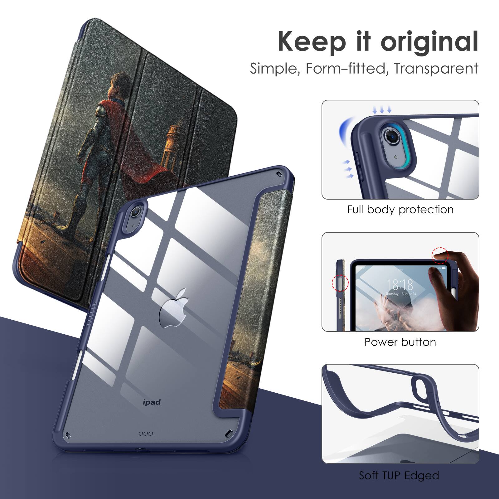 Keep it original  
Simple, Form-fitted, Transparent  

Full body protection  

Power button  

Soft TUP Edged