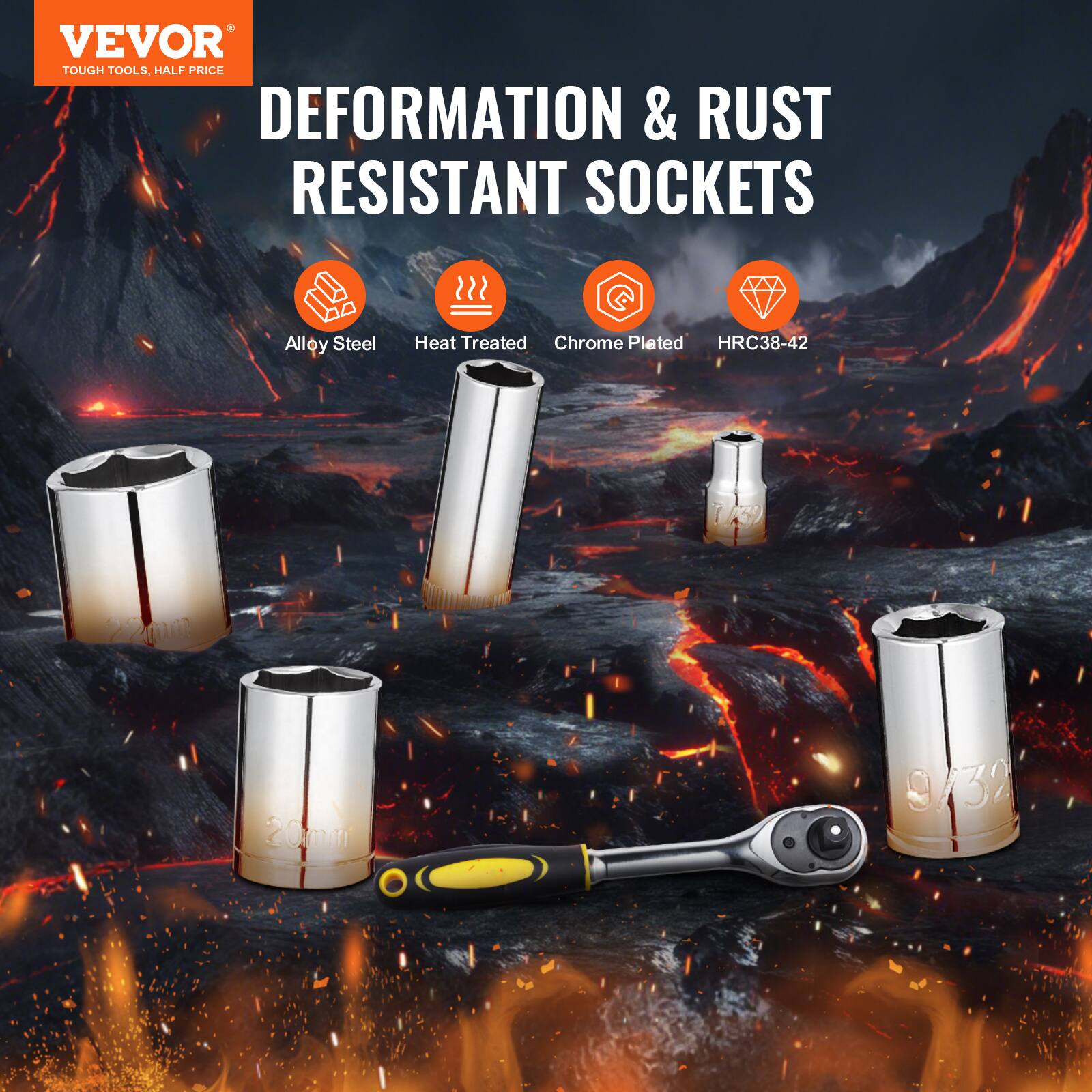 VEVOR TOUGH TOOLS, HALF PRICE DEFORMATION & RUST RESISTANT SOCKETS
Alloy Steel
Heat Treated
Chrome Plated
HRC38-42
2mm
20mm
9/32