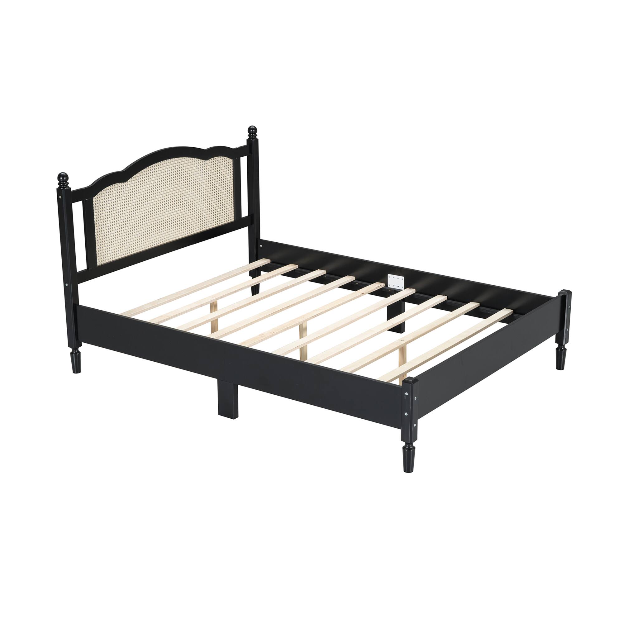 Back. GOODSILO - Vintage Rattan Headboard Queen Size Platform Bed Frame with Wooden Slat Support - Black.