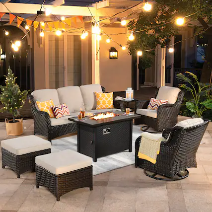 Front. Ovios - 7 PCS Patio Furniture High Back Sofa Set with 42" Fire Pit Table, Swivel Chairs & Ottoman - Beige(Brown Wicker).