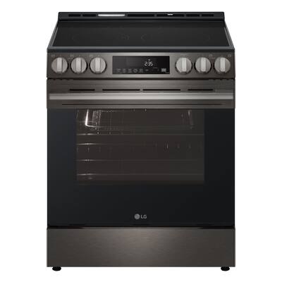 Front. LG - 30-in Wide 6.3 Cu. Ft. Slide-In Electric True Convection Smart Range with 5 Elements, Air Fry and Premium Handle - PrintProof Black Stainless Steel.