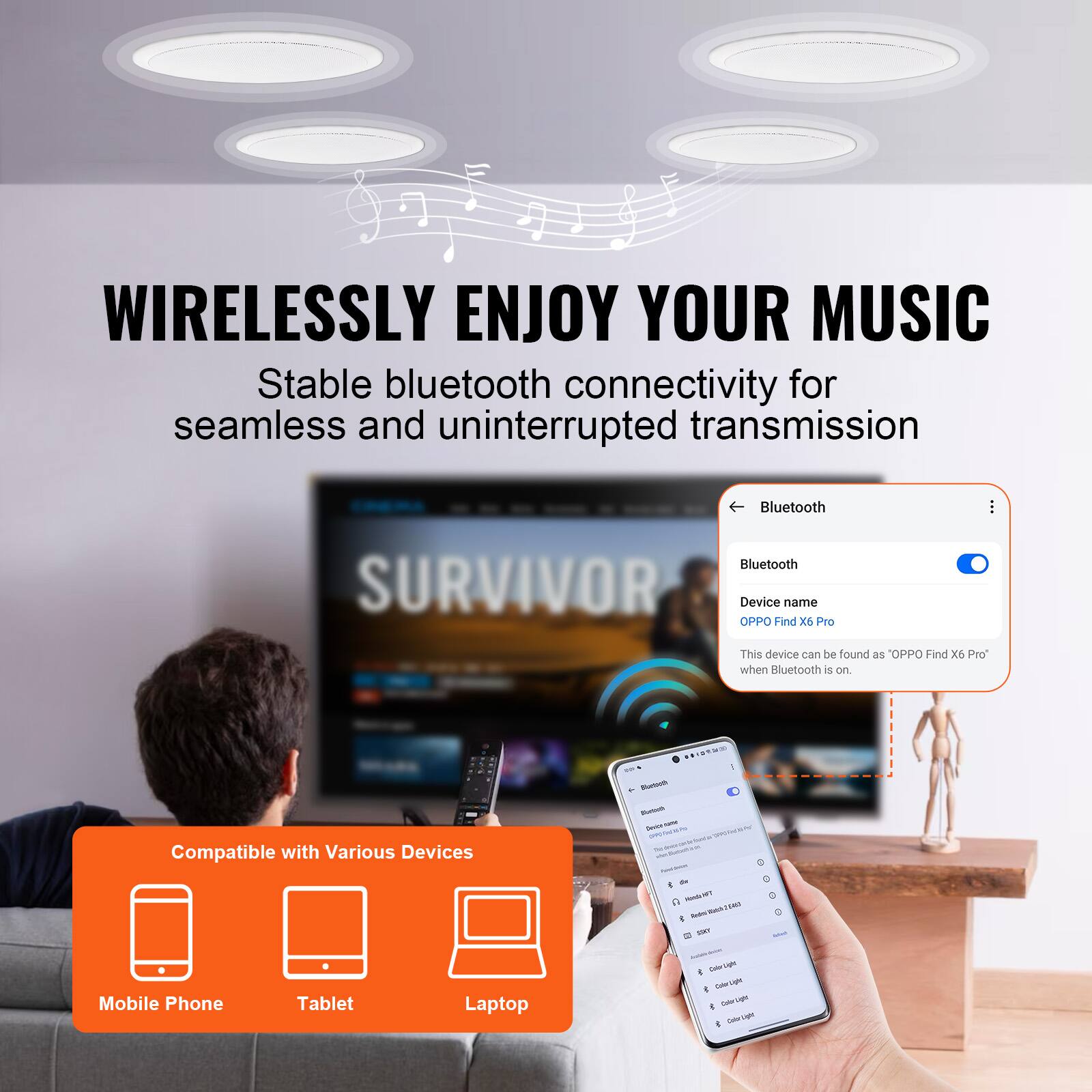 WIRELESSLY ENJOY YOUR MUSIC

Stable bluetooth connectivity for seamless and uninterrupted transmission

Bluetooth

Device name
OPPO Find X6 Pro

This device can be found as "OPPO Find X6 Pro" when Bluetooth is on.

Compatible with Various Devices

Mobile Phone Tablet Laptop