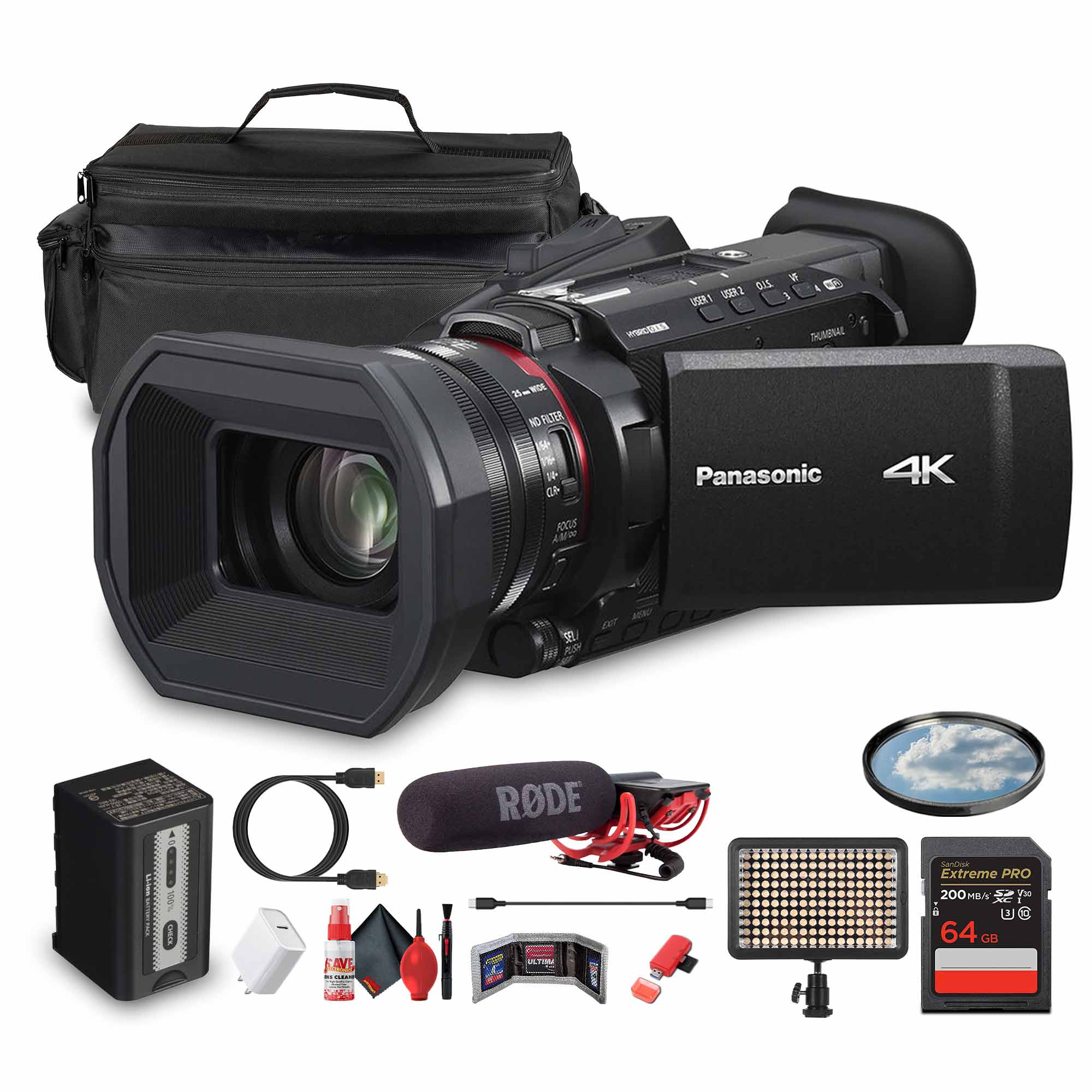 Panasonic - HC-X1600 UHD 4K HDMI Lightweight Compact Camcorder with 24x Zoom + Mic - Bundle