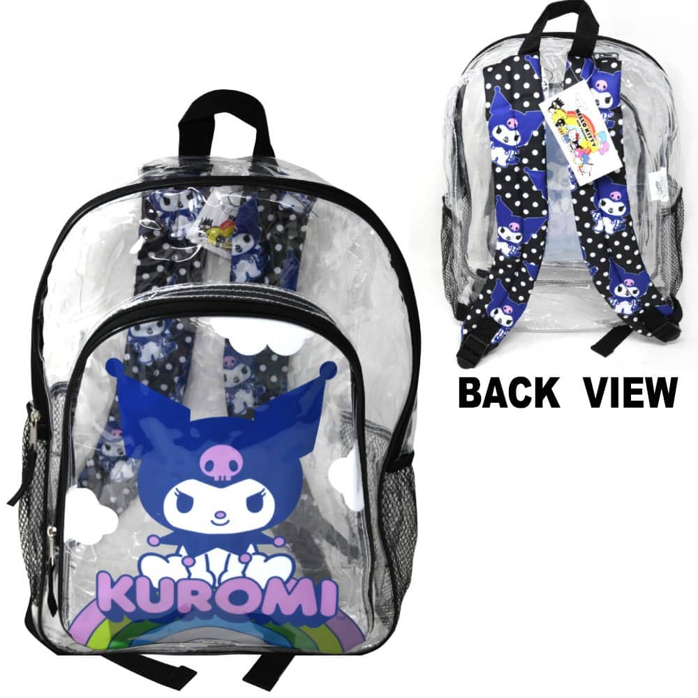Hello Kitty - 16" Kuromi Transparent Backpack with Front pocket, Black - Clear