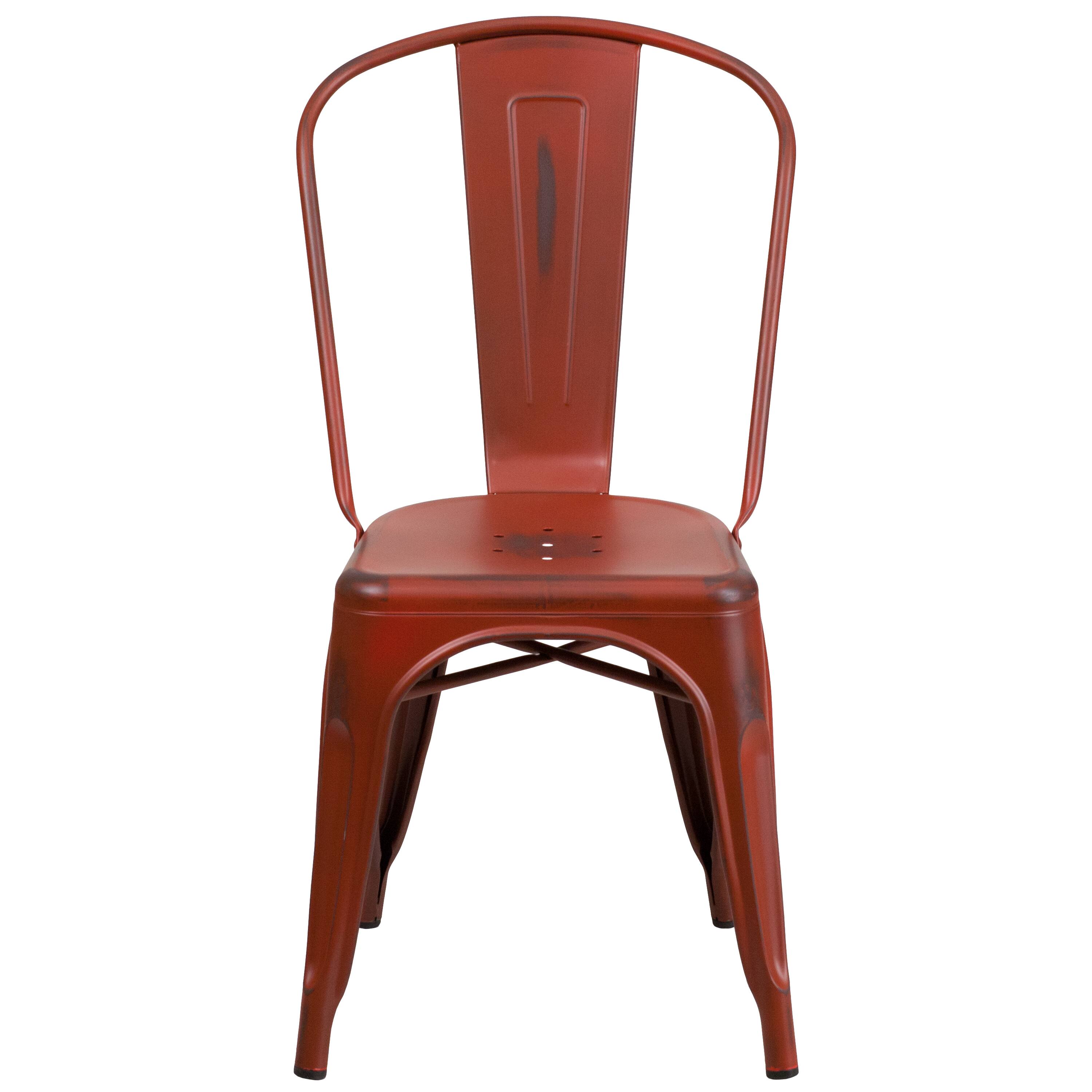 Alt View 7. Emma + Oliver - Commercial Grade 4 Pack Distressed Metal Indoor-Outdoor Stackable Chair - Kelly Red.