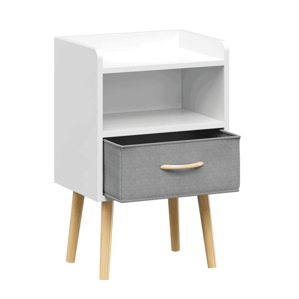 Front. Kadyn - Two-Tier Bedside Table with Fabric Drawer for Kids or Adults - White - White.