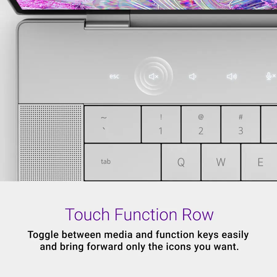 The text on the image reads: "Touch Function Row. Toggle between media and function keys easily and bring forward only the icons you want."