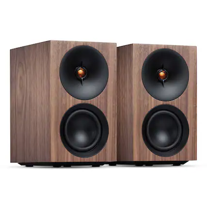 Front. Cambridge Audio - Cambridge Audio L/R S Ultra Compact Wireless Active Stereo Speakers - Pair - Walnut.