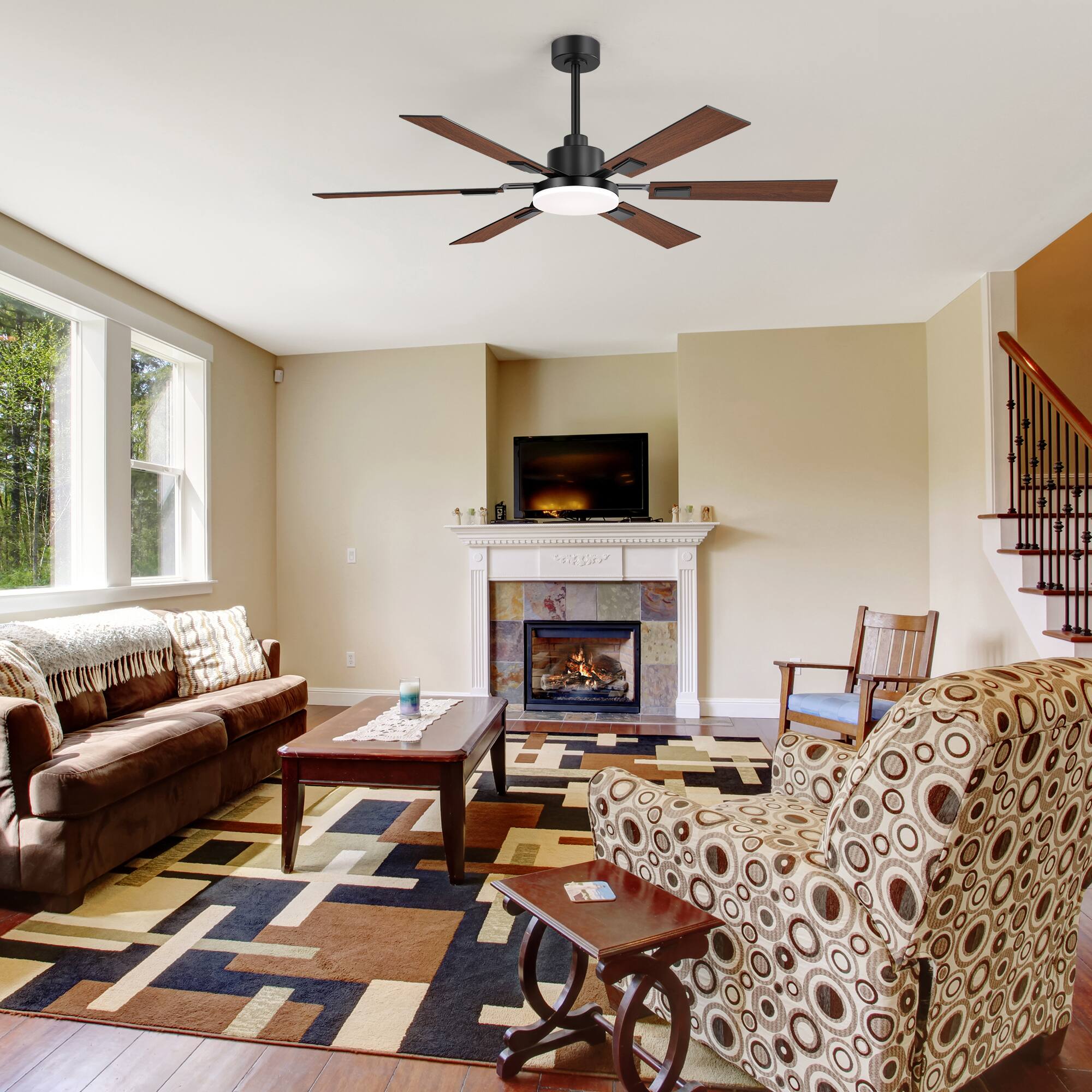 Alt View 2. Breezary - 60'' Ceiling Fan with 6 Dual-Finish Plywood Blades, 3-Color Light, 6-Speed DC Motor, Remote & Memory Function - Matte Black and Dark Wood Grain.