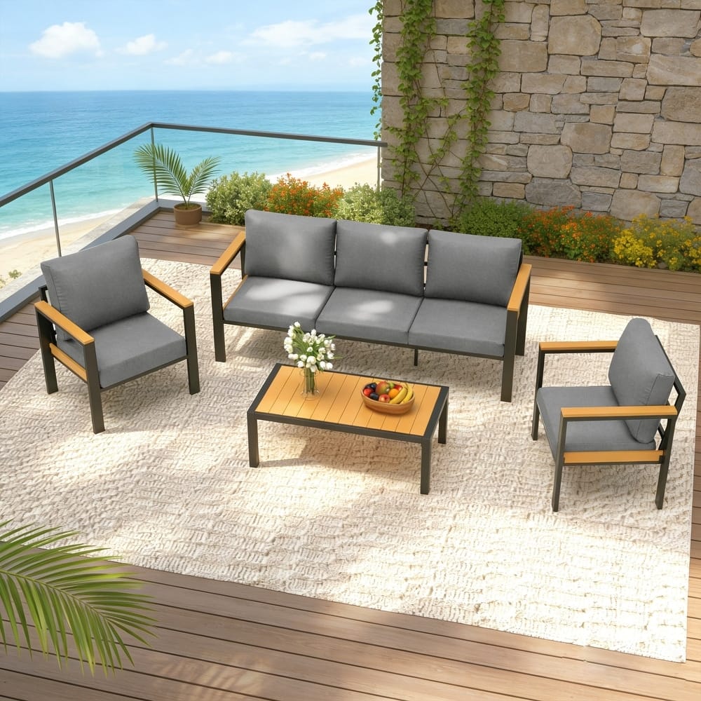 Front. U-HOMY - 4-Piece Patio Conversation Set with Table, All-Weather Aluminum Furniture for Outdoor Living - Grey.