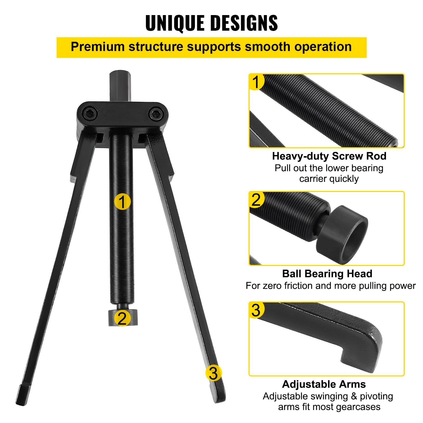 UNIQUE DESIGNS  
Premium structure supports smooth operation

1. Heavy-duty Screw Rod  
   Pull out the lower bearing carrier quickly

2. Ball Bearing Head  
   For zero friction and more pulling power

3. Adjustable Arms  
   Adjustable swinging & pivoting arms fit most gearcases