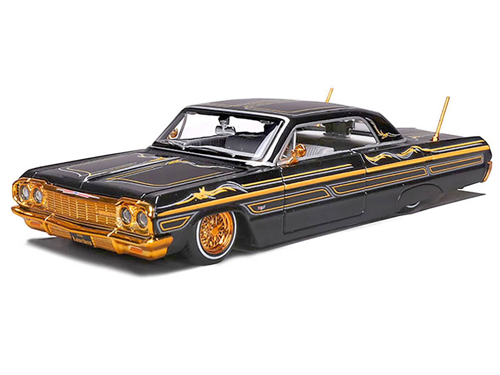 Alt View 1. Maisto - 1964 Chevrolet Impala SS Lowrider Black Metallic with Gold Graphics and Gray Interior 1/26 Die Cast Model Car by Maisto.