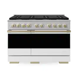 ZLINE - Autograph 48 in. 6.7 cu. ft. Marino Freestanding Double Oven Gas Range with 8 Burners and Champagne Bronze Accents - White Matte
