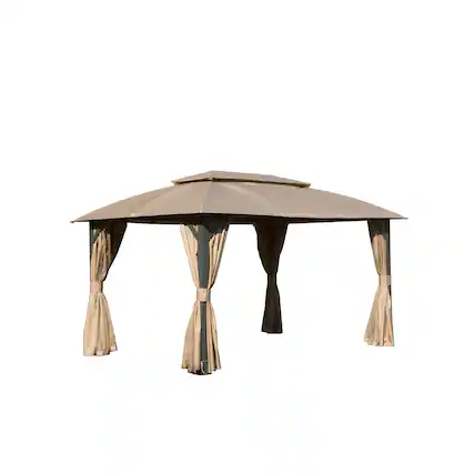 Front. Mondawe - 10' X 14' Hardtop Gazebo with Full Netting and Privacy Curtains - Brown.