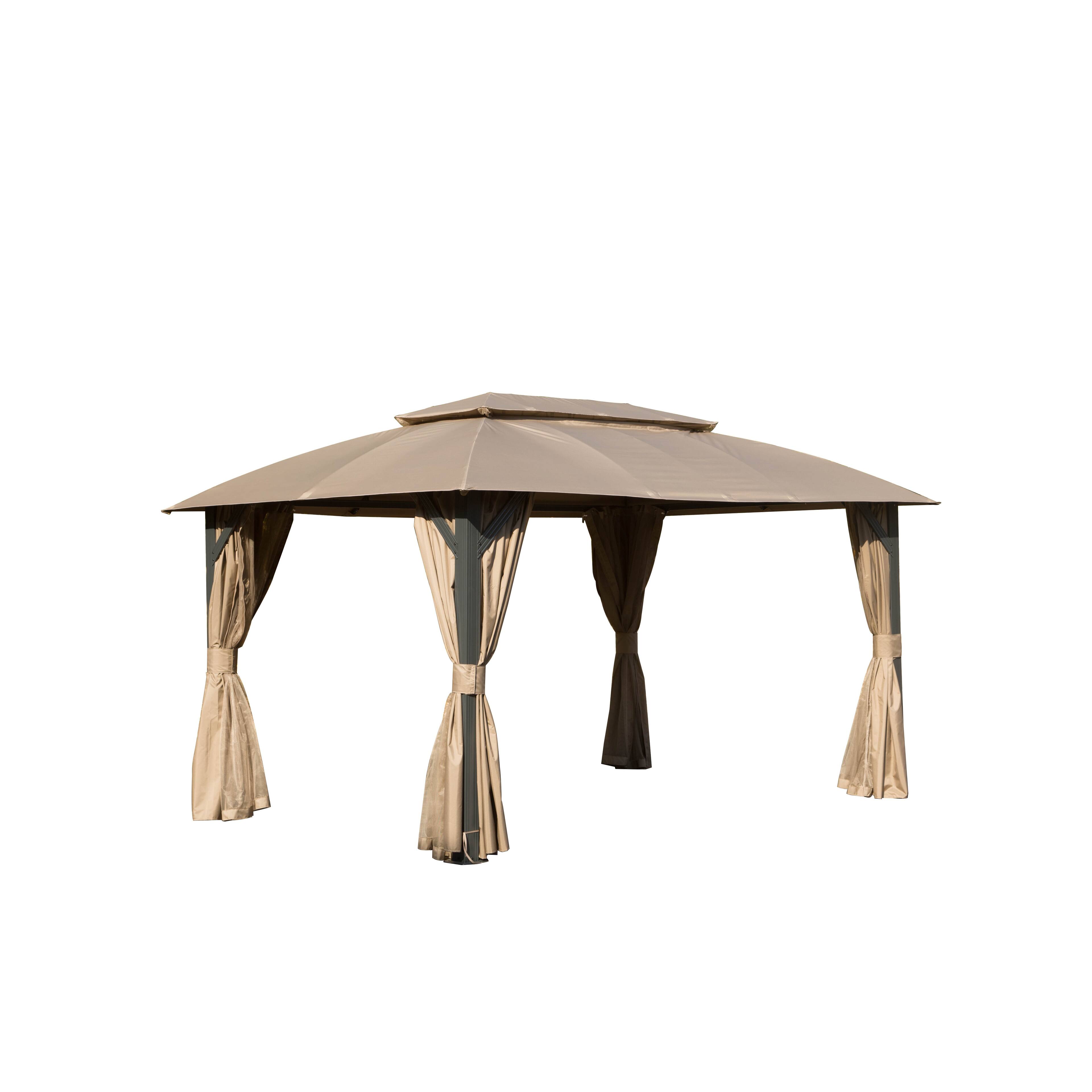 Front. Mondawe - 10' X 14' Hardtop Gazebo with Full Netting and Privacy Curtains - Brown.