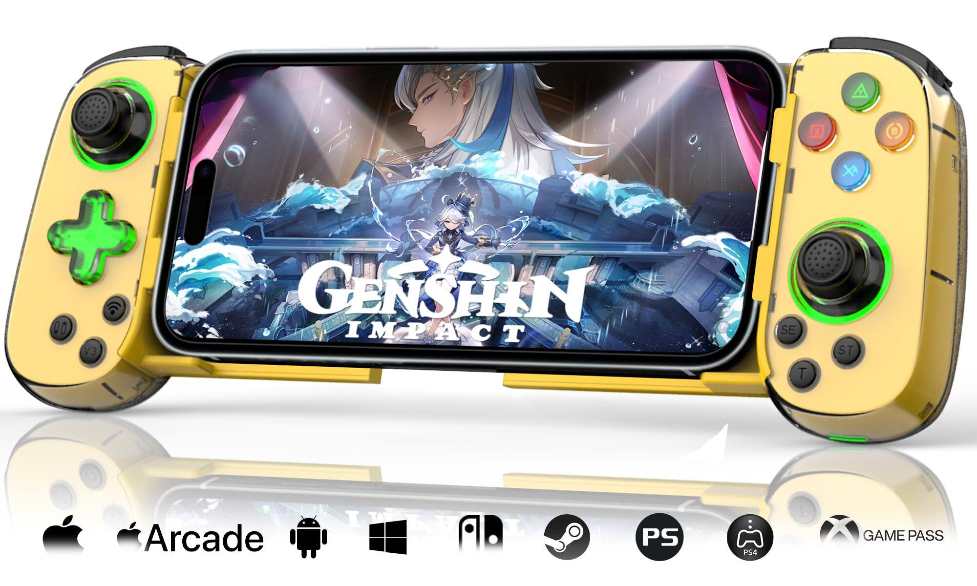 HM 1810 - Wireless Controller For Iphone/android/pc/ipad/tablet/appl Arcade Mfi Games/switch/ps4 Support Streaming On - Yellow D7-Green Light Version