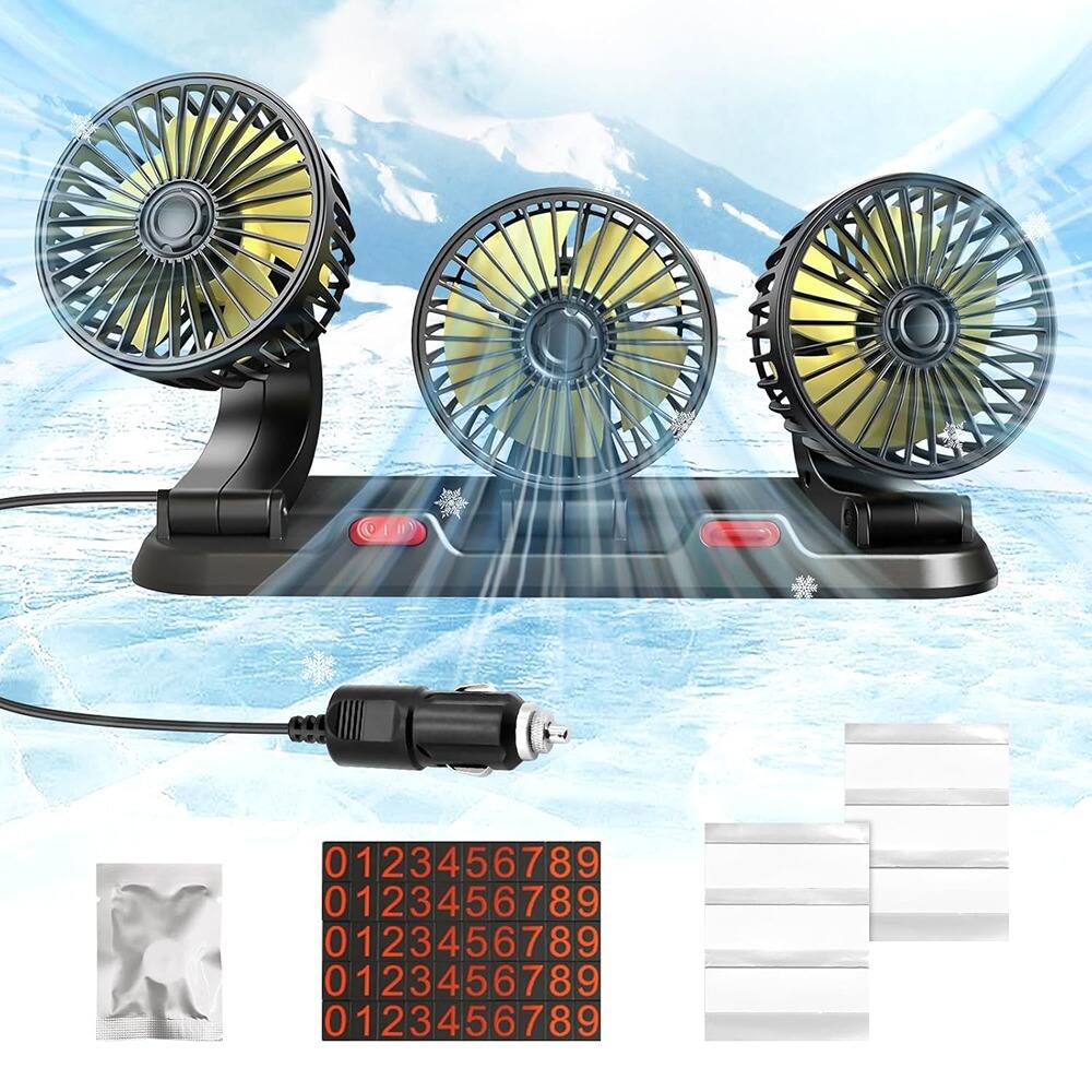RTMB - Portable 3-head car cooling fan has two adjustable speeds, rotates 360 degrees - Cigarette Lighter Powered