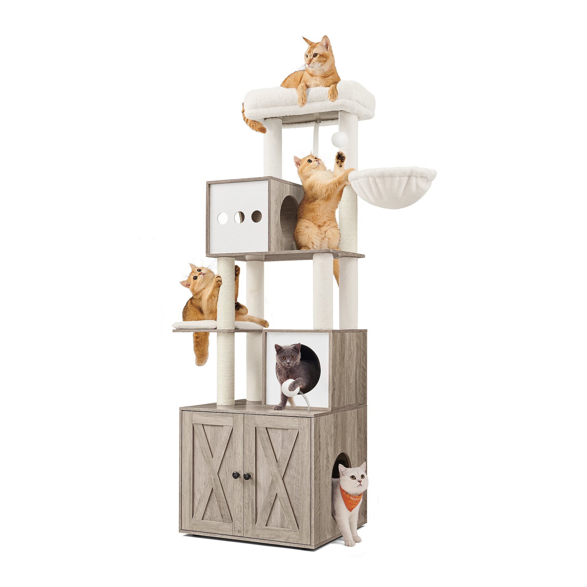 Songmics Home - Cat Tree with Litter Box Enclosure, 70.1-Inch Tall Cat Tower, 2-in-1 Modern Condo with Scratching Posts, Perch, Caves - Heather Greige