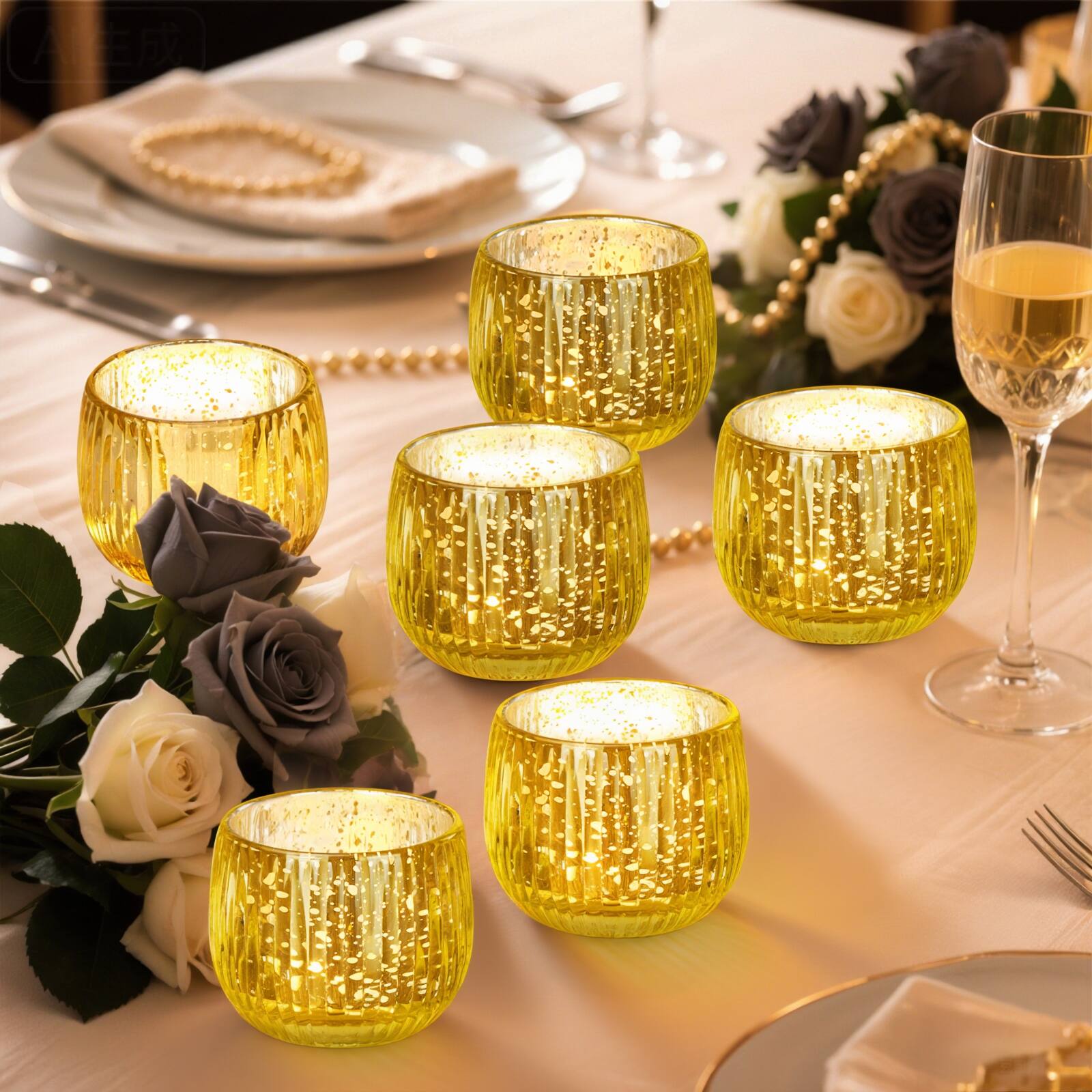 Alt View 4. IMAGE - Elegant Votive Gold Glass Tea Light Holders Set of 6 - Gold.