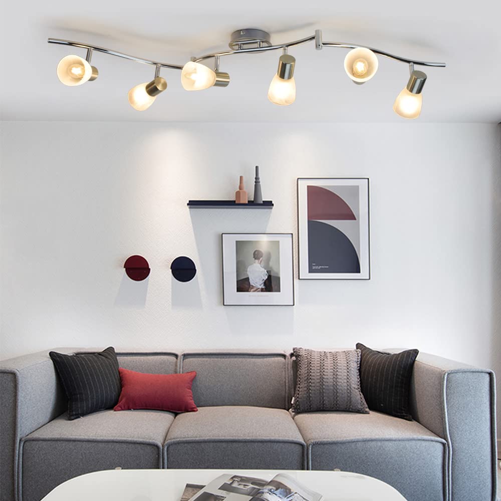 Angle. Dazzed Corner - 6-Light Flexible Track Lighting Rail,Ceiling Light Fixture with Glass Shade, E12 Base - Nickel.