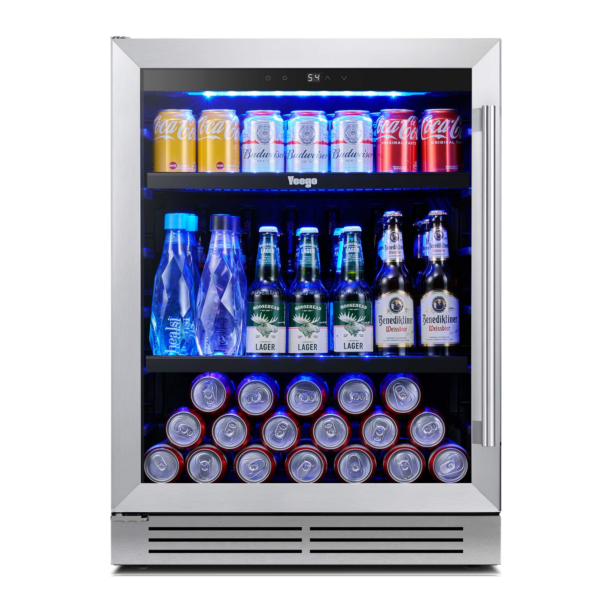 Yeego - Beverage Refrigerator Cooler - 24 inch 180 Cans Mini Fridge with Glass Door, 34-54 ℉ Under Counter Refrigerator Built-in - Stainless Steel