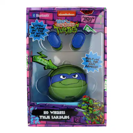 Bluetooth nickelodeon L d 1 UF TALES THE LISTEN TEENOGE MUTENT NiNa OR GAME Go ON LEO! WITH THE TURTZES' TU FLIP TO LEO SEE FACES! 3 BUILT-IN MIC FOR EASY, GAMING! LO WIRELSS TRUE EARBUDS