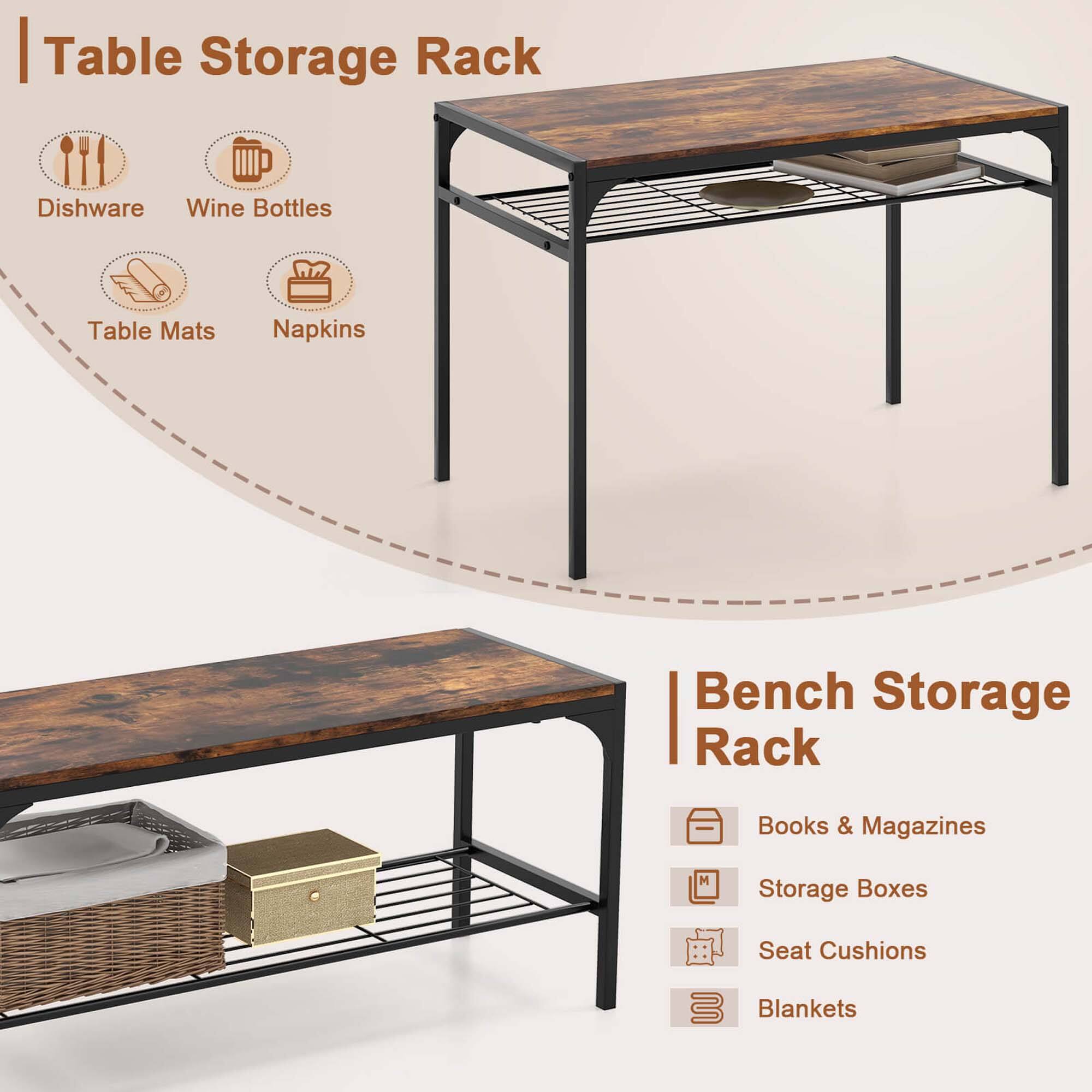Table Storage Rack: Table Storage Rack, Dishware, Wine Bottles, Table Mats, Napkins, Bench Storage Rack, Books & Magazines, Storage Boxes, Seat Cushions, Blankets.