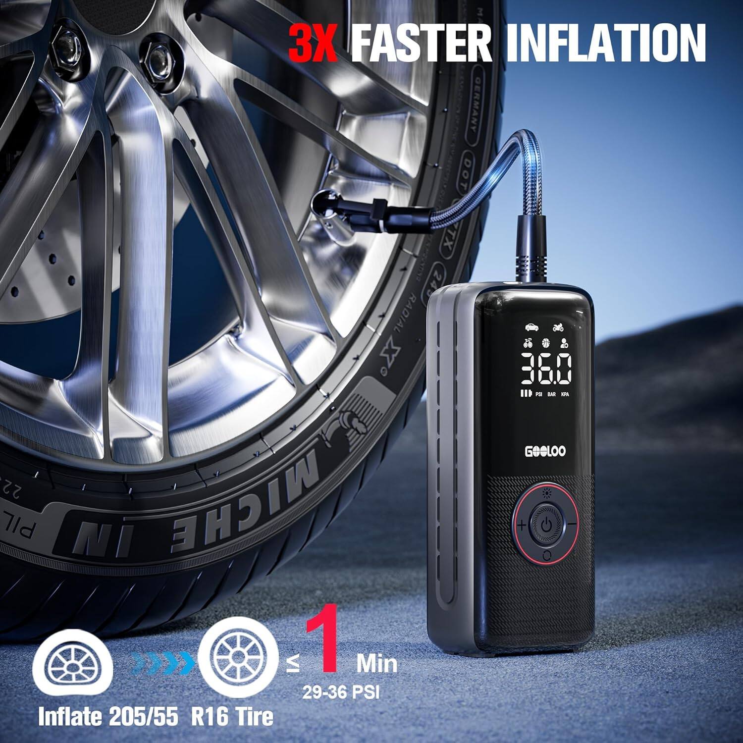 3X FASTER INFLATION

GERMANY DOT TX : 24 RADIAL 360

P BAR - GOOLOO

22. Tld NI MICHE

>>> VI

1 Min

29-36 PSI Inflate 205/55 R16 Tire