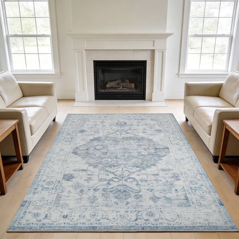 Angle. RYHNUYNE - 8x10 Area Rugs Living Room Rug Washable Vintage Boho Rug No Slip Stain Resistant Soft Carpet Indoor Floor Floral Carpets - Painting.