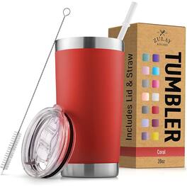 Zulay Kitchen - 20oz Double Walled Insulated Tumbler with Lid and Straw - Coral