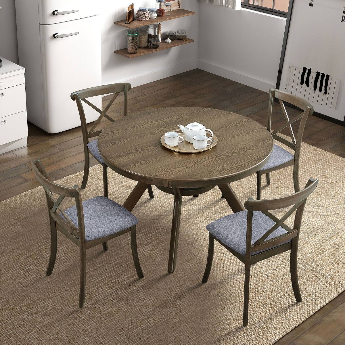 Alt View 3. Loheer - Loheer Oak Round Dining Table, 47 Inch Tabletop for 4 to 6, Trestle Pedestal Base - Oak.