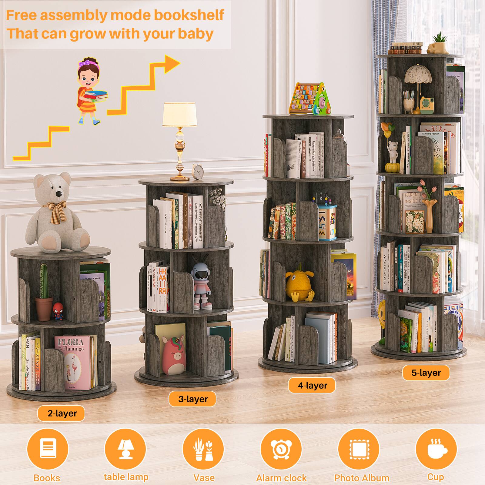 Free assembly mode bookshelf That can grow with your baby

2-layer
3-layer
4-layer
5-layer

Books
table lamp
Vase
Alarm clock
Photo Album
Cup