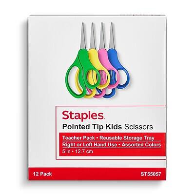 Staples  
Pointed Tip Kids Scissors  
Teacher Pack - Reusable Storage Tray  
Right or Left Hand Use - Assorted Colors  
5 in - 12.7 cm  
12 Pack  
ST55057
