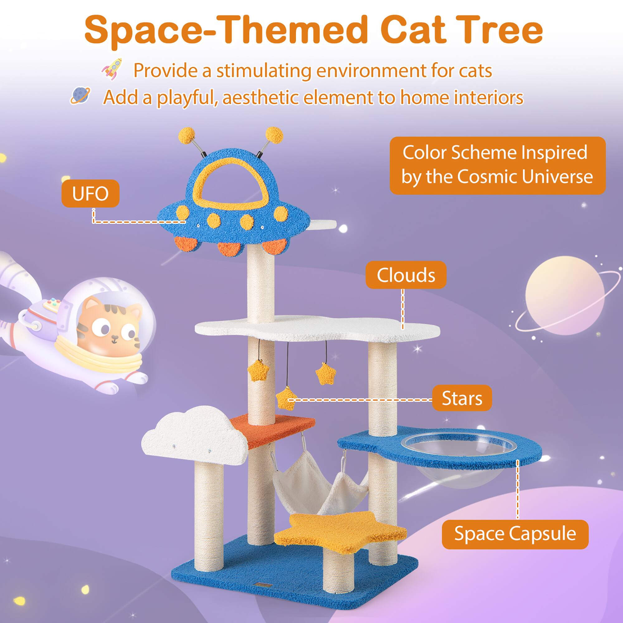 Space-Themed Cat Tree

- Provide a stimulating environment for cats
- Add a playful, aesthetic element to home interiors

Color Scheme Inspired by the Cosmic Universe

- UFO
- Clouds
- Stars
- Space Capsule