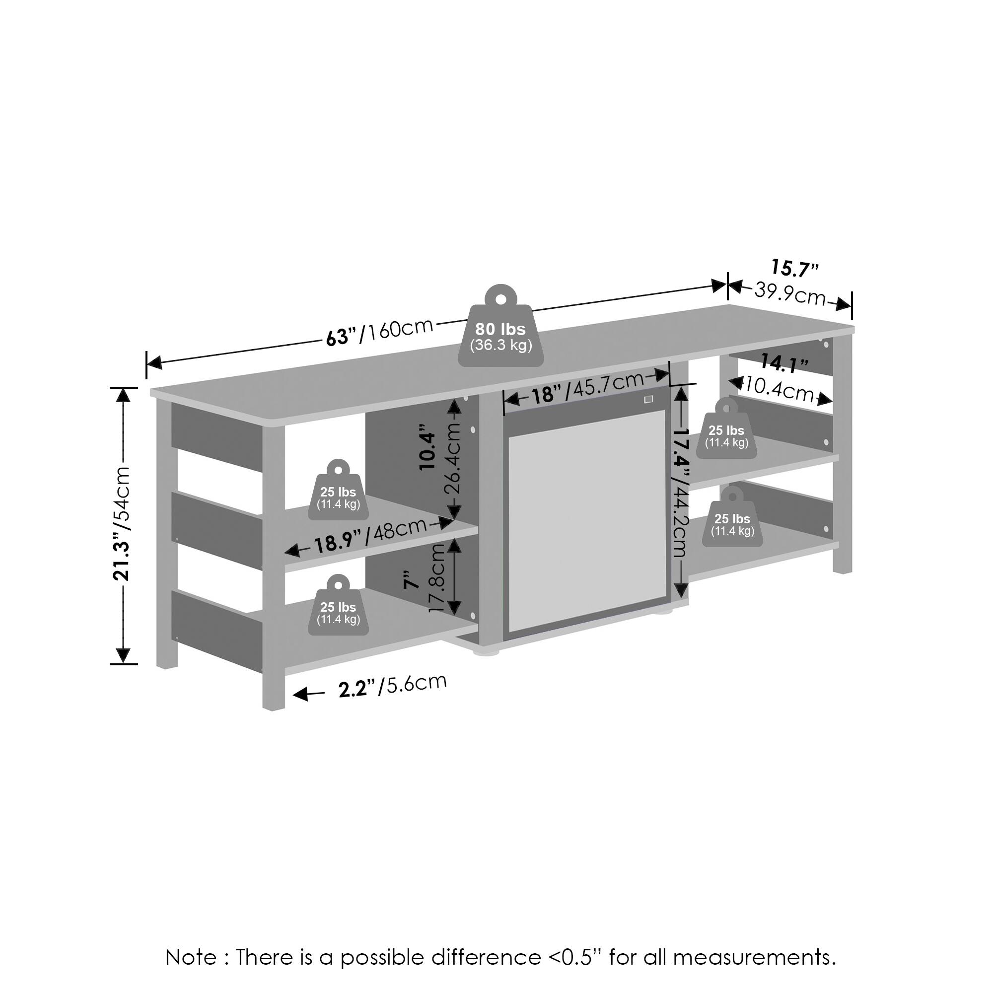 - 21.3" / 54 cm
- 63" / 160 cm
- 80 lbs (36.3 kg)
- 18" / 45.7 cm
- 10.4" / 26.4 cm
- 17.4" / 44.2 cm
- 18.9" / 48 cm
- 18.9" / 48 cm
- 7" / 17.8 cm
- 7" / 17.8 cm
- 15.7" / 39.9 cm
- 14.1" / 10.4 cm
- 2.2" / 5.6 cm
- 25 lbs (11.4 kg)
- 25 lbs (11.4 kg)
- 25 lbs (11.4 kg)
- Note: There is a possible difference <0.5" for all measurements.