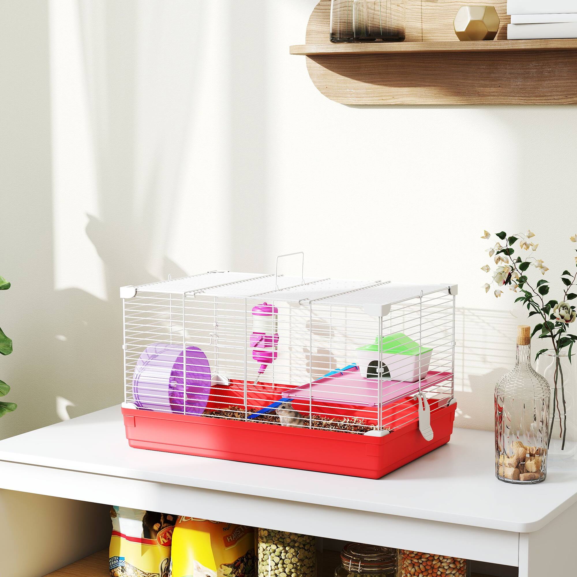 Angle. Pawhut - 18.5" Hamster Cage with Exercise Wheel and Water Bottle, Dish, Rat House and Habitat 2-Story Design.