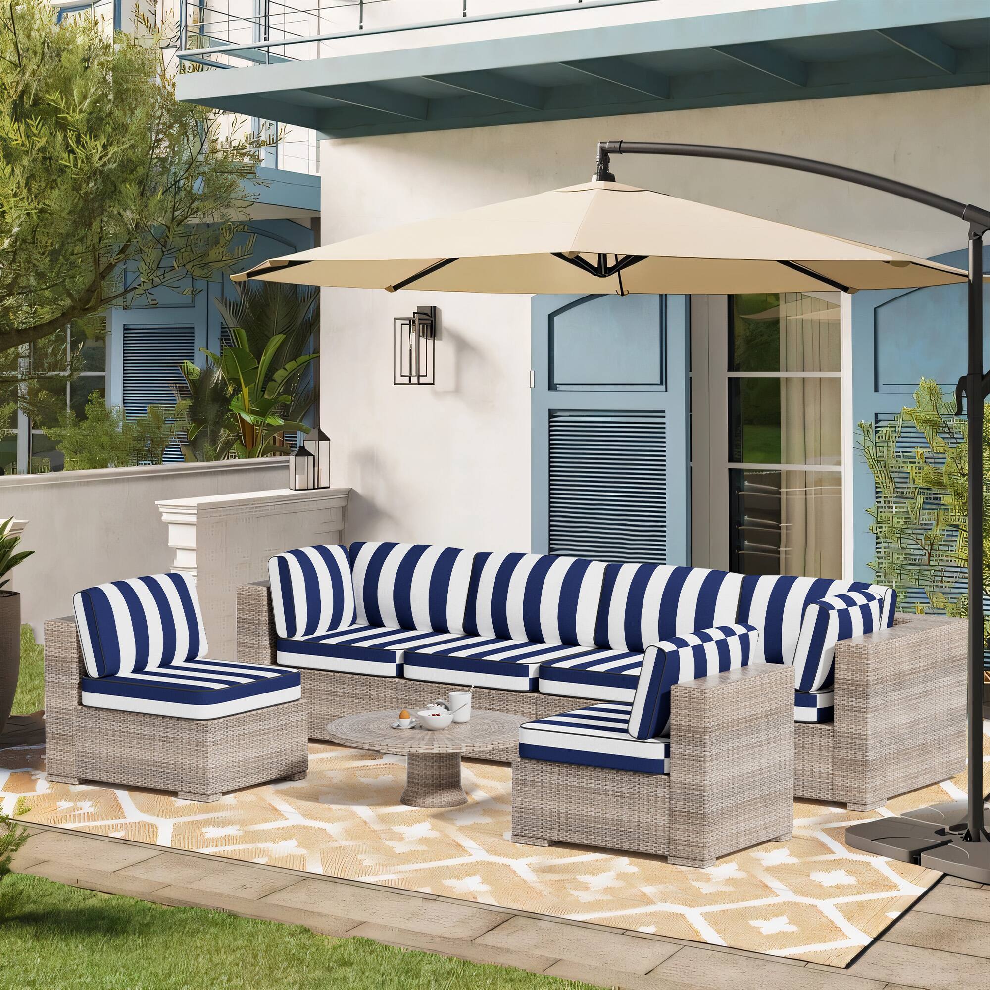 Angle. RYHNUYNE - 14-Piece Outdoor Patio Sofa Cushions, Blue and White Stripes Seat Cushion, Water-Resistant Patio Furniture Cushion - Blue and white stripes.