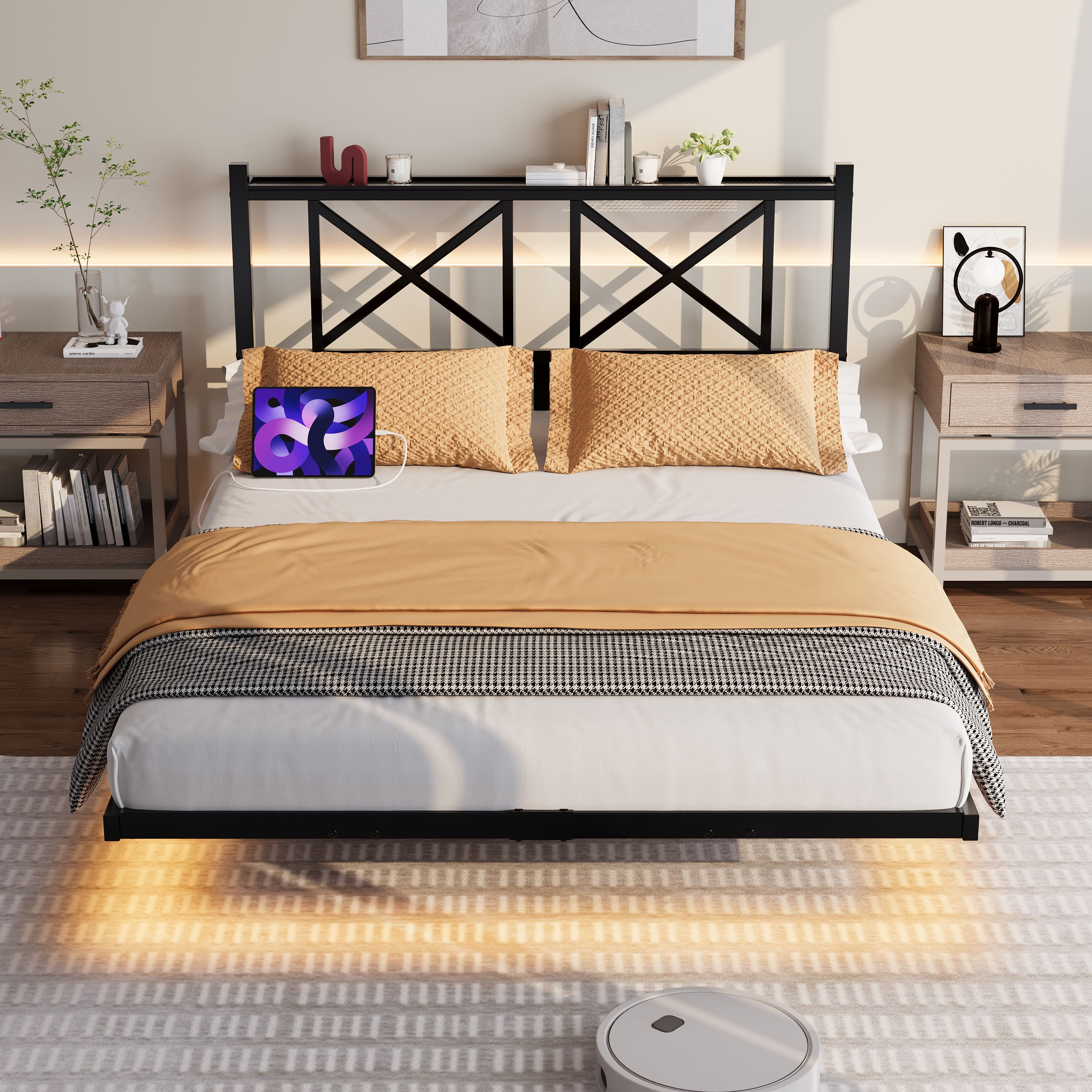 LUCKY ONE - Full Size Floating Bed Frame with Headboard and Storage, USB Charging Station and LED Lights - Black
